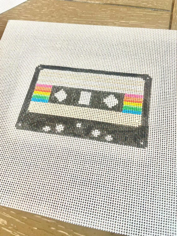Retro 80s Cassette Tape Needlepoint Canvas: Hand-Painted DIY Music Decor