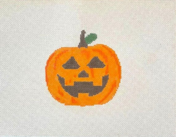 Jack-o’-Lantern Needlepoint Canvas – Halloween Needlepoint Pumpkin Hand Painted 18 Mesh 4x4 – Fun Spooky Stitch Design