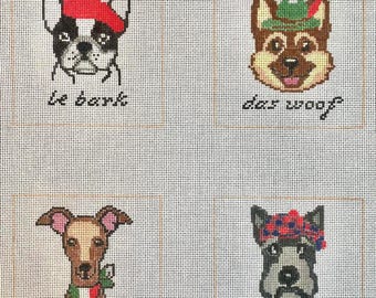 Dog Breed Pun Needlepoint Coaster Set: Hand-Painted 18 Mesh, 4x4”, French Bulldog, German Shepherd, Italian Greyhound, Scottish Terrier