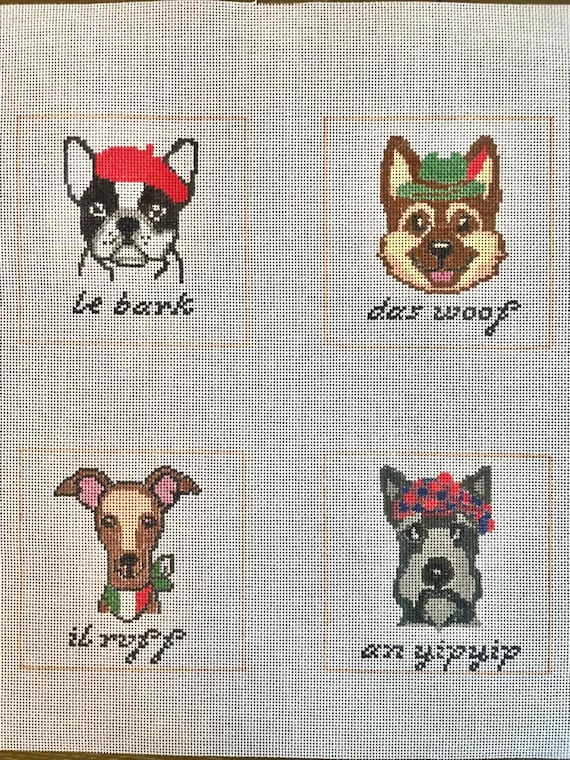 Dog Breed Pun Needlepoint Coaster Set: Hand-Painted 18 Mesh, 4x4”, French Bulldog, German Shepherd, Italian Greyhound, Scottish Terrier