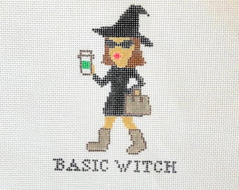 Basic Witch Needlepoint Canvas: Hand-Painted Halloween Design