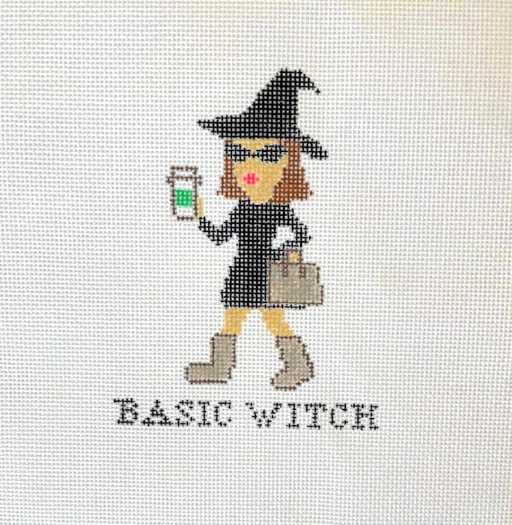 Basic Witch Needlepoint Canvas: Hand-Painted Halloween Design