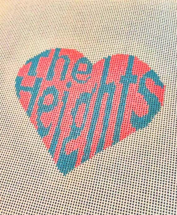 Houston Texas Heights Needlepoint Canvas | Heart Shaped 18 Mesh Hand Painted DIY Ornament