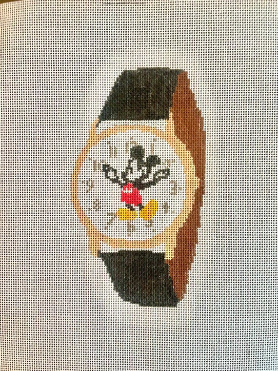 Retro Mickey Mouse Watch Needlepoint Canvas | Hand-Painted 3.25x5.75” 18 Mesh DIY Disney Decor | Nostalgic Gift