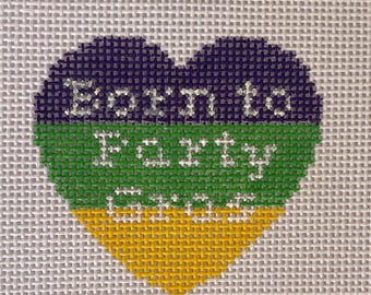 Born to Party Gras Mardi Gras Heart – Needlepoint Canvas (13 Mesh, 3x3”)