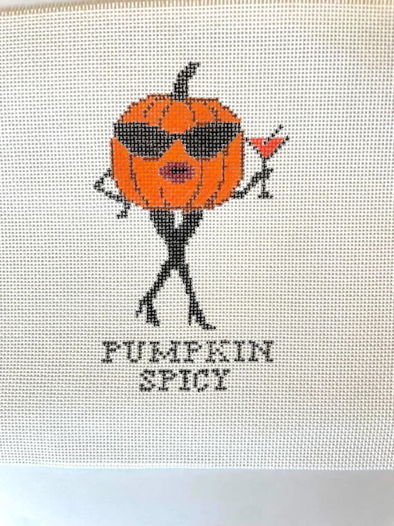 Pumpkin Spicy Needlepoint Canvas – Sexy Pumpkin Halloween Needlepoint 18 Mesh 3x5 – Martini Glass, Sunglasses, Stilettos Hand Painted