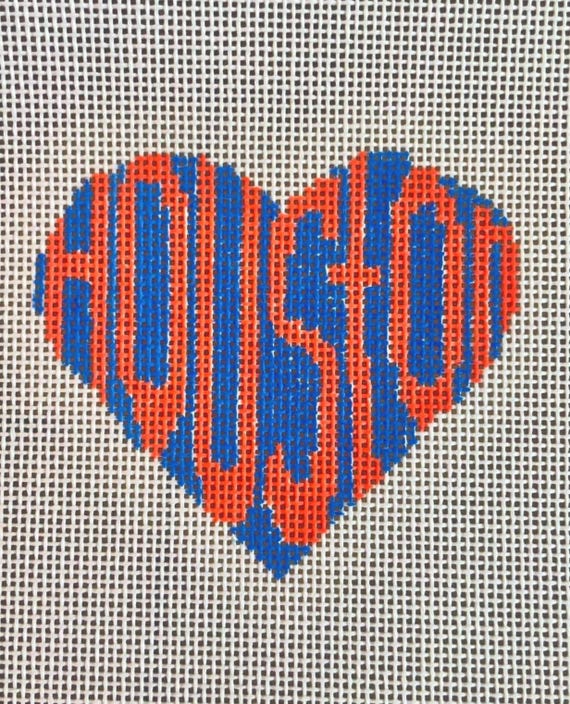 Houston Texas Heart Needlepoint Canvas | Hand-Painted 13 & 18 Mesh DIY Ornament