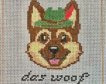 German Shepherd Needlepoint Canvas | 4x4” Hand-Painted 18 Mesh DIY Dog Pun Decor | “Das Woof”