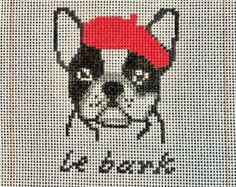 French Bulldog Needlepoint Canvas | 4x4” Hand-Painted 18 Mesh DIY Dog Pun Decor | “Le Bark”