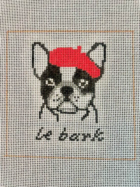 French Bulldog Needlepoint Canvas | 4x4” Hand-Painted 18 Mesh DIY Dog Pun Decor | “Le Bark”