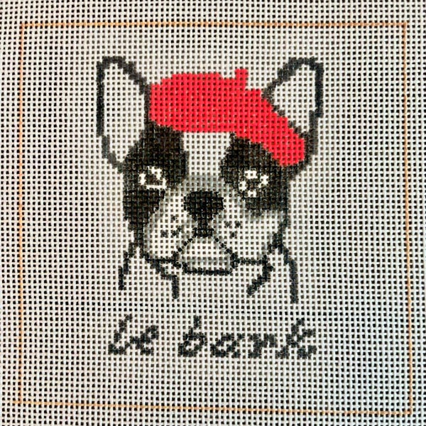French Bulldog Needlepoint Canvas | 4x4” Hand-Painted 18 Mesh DIY Dog Pun Decor | “Le Bark”