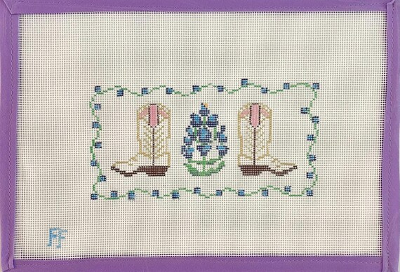 Boot and Bluebonnets Needlepoint Canvas -- Hand-painted on 18 mesh -- Amazon acrylic bag insert