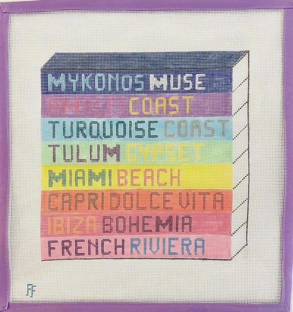 Beach Book Stack Needlepoint Canvas: Hand-Painted Coastal Decor