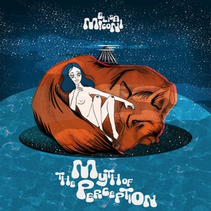 Può includere: Una donna con i capelli blu è seduta su una grande volpe arancione contro un cielo notturno stellato. Il testo "The Myth of Perception" è scritto in un font fantasioso sotto la volpe.