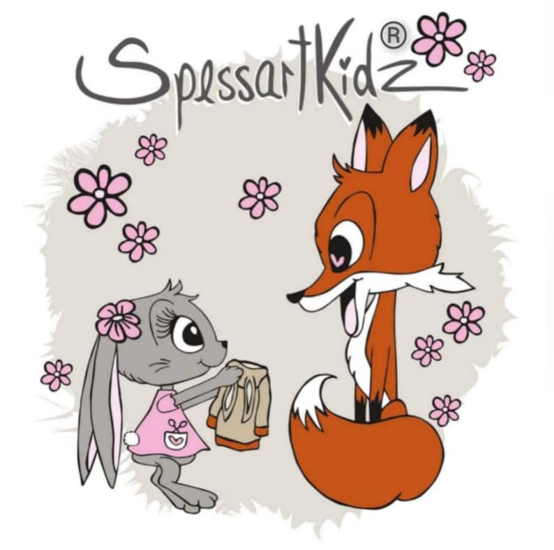 May include: A cartoon illustration of a fox and a rabbit. The fox is orange with a white chest and a white tip on its tail. The rabbit is gray with pink ears and a pink dress. The rabbit is holding a brown shirt in its paws. The fox is looking at the rabbit with a smile. The background is a light gray with pink flowers.