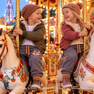 May include: Two children wearing knit beanies, jackets with sherpa lining, and corduroy joggers with a fox patch on one leg, sitting on carousel horses. The children are smiling at each other in a brightly lit amusement park setting.