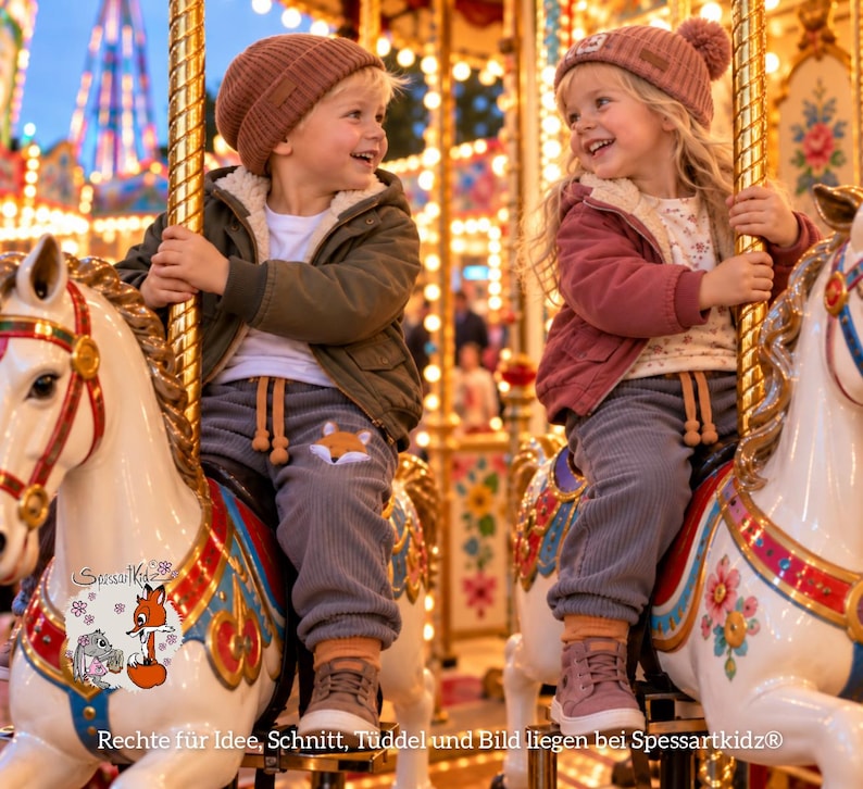 May include: Two children wearing knit beanies, jackets with sherpa lining, and corduroy joggers with a fox patch on one leg, sitting on carousel horses. The children are smiling at each other in a brightly lit amusement park setting.