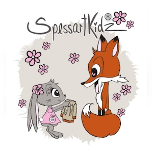 May include: A graphic illustration featuring the text SpessartKidz with a registered trademark symbol. A gray rabbit in a pink dress holds a tan garment, facing an orange fox with a white chest and tail tip. Pink flowers surround them.
