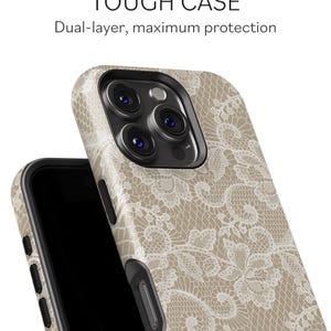 White Floral Lace Pattern Beige Phone Case for iPhone, Samsung & Google image 2
