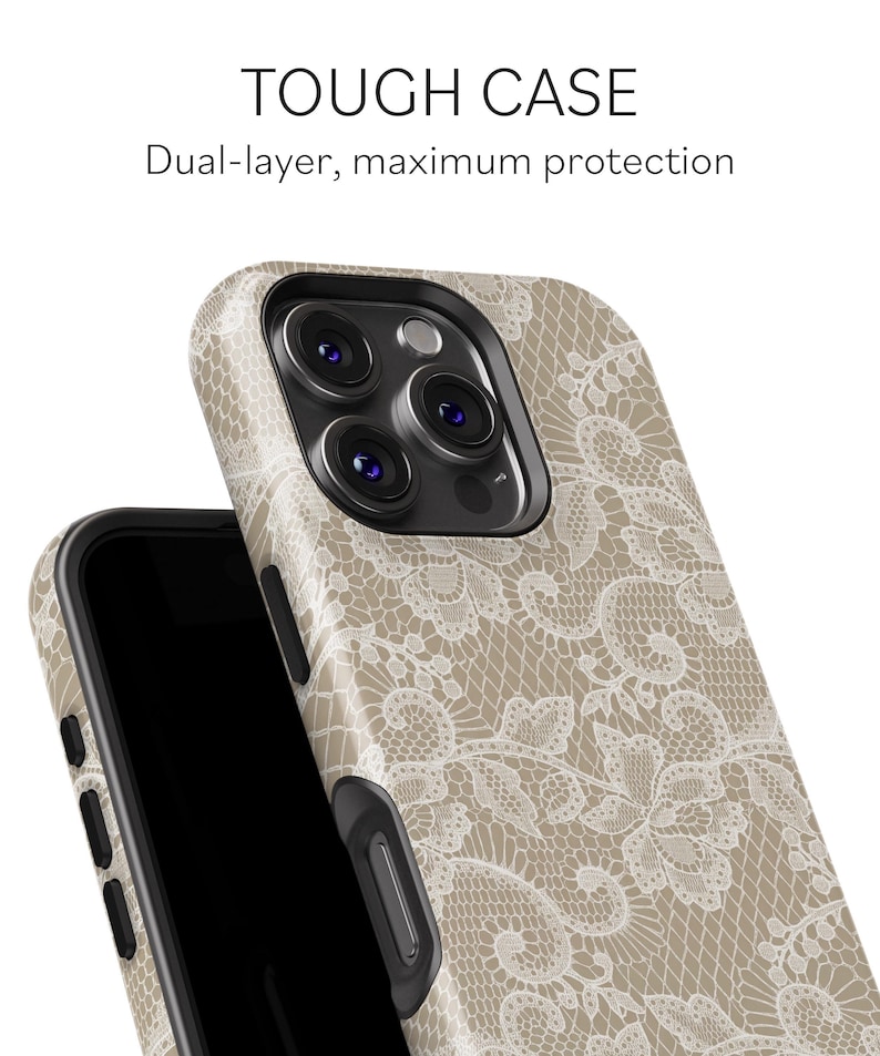 White Floral Lace Pattern Beige Phone Case for iPhone, Samsung & Google image 2