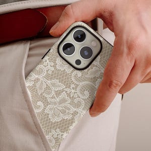 White Floral Lace Pattern Beige Phone Case for iPhone, Samsung & Google image 6
