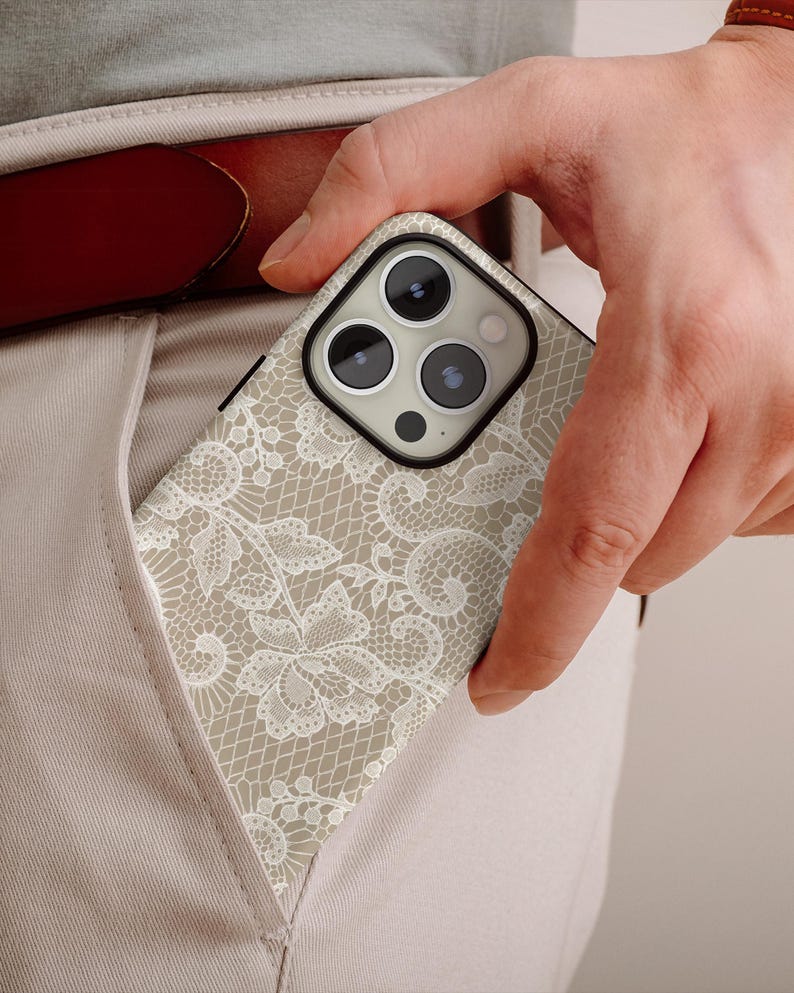 White Floral Lace Pattern Beige Phone Case for iPhone, Samsung & Google image 6