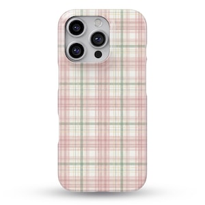 Pode incluir: Uma capa de smartphone com um padrão xadrez suave em tons de rosa pálido, creme e verde sálvia suave. O design consiste em linhas horizontais e verticais que se cruzam com espessuras variadas, criando uma grelha clássica.