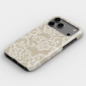 White Floral Lace Pattern Beige Phone Case for iPhone, Samsung & Google image 5