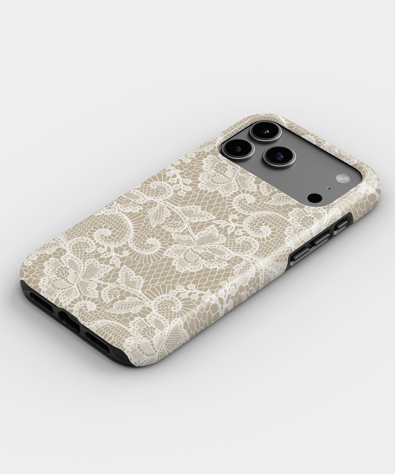 White Floral Lace Pattern Beige Phone Case for iPhone, Samsung & Google image 5