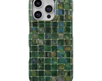May include: A smartphone case featuring a repeating grid pattern of square tiles in various shades of dark green, forest green, and emerald. The tiles have a glossy, reflective finish with subtle iridescent highlights and dark grout lines.