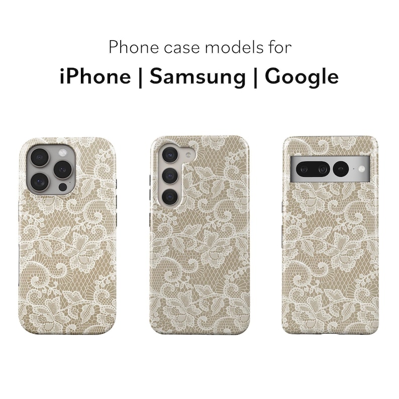 White Floral Lace Pattern Beige Phone Case for iPhone, Samsung & Google image 8