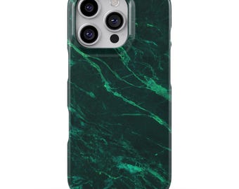 May include: A smartphone case featuring a dark forest green marble pattern with lighter green veining throughout. The case has a rectangular shape with rounded corners and a cutout at the top left for a triple camera system and a flash component.