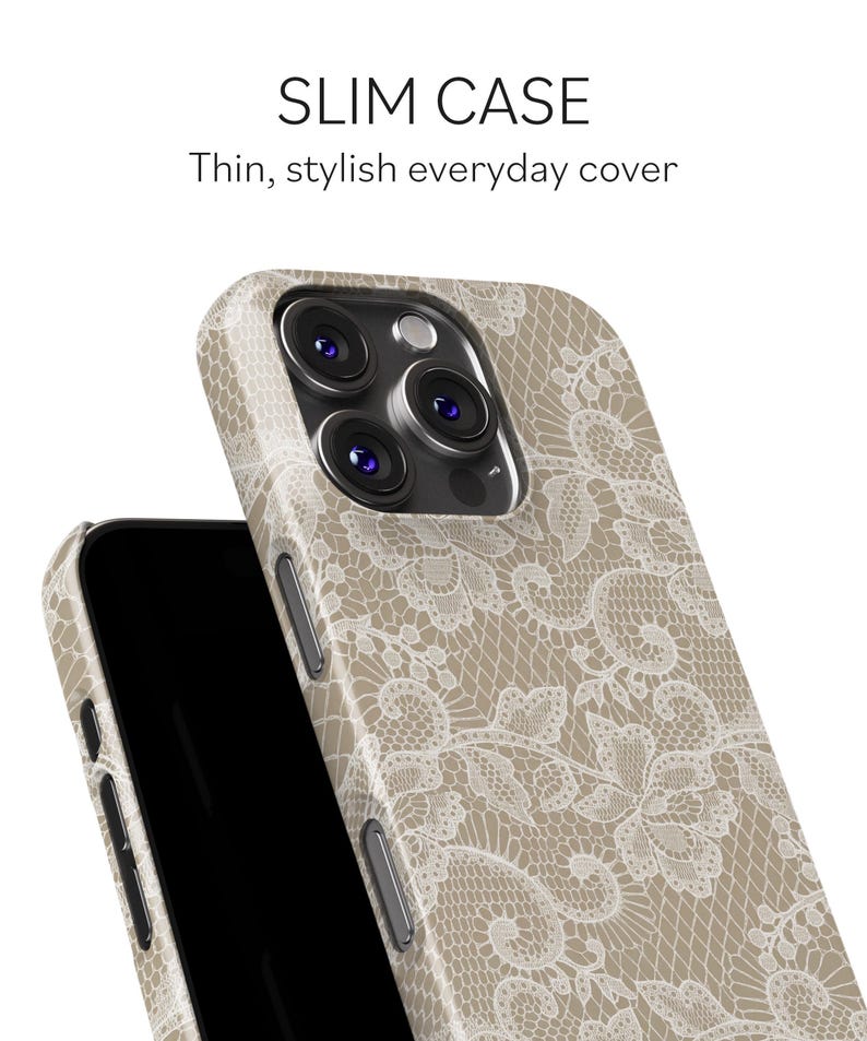 White Floral Lace Pattern Beige Phone Case for iPhone, Samsung & Google image 3