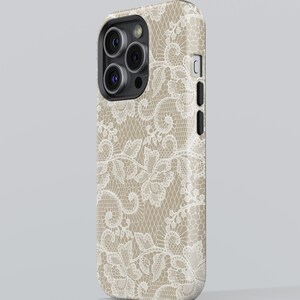 White Floral Lace Pattern Beige Phone Case for iPhone, Samsung & Google image 4