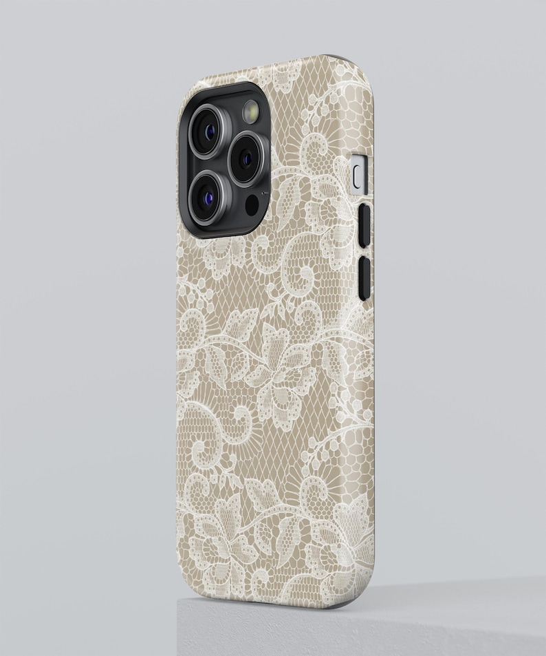 White Floral Lace Pattern Beige Phone Case for iPhone, Samsung & Google image 4