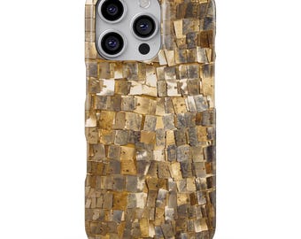 May include: A smartphone case featuring a dense, mosaic-like pattern of small, rectangular, metallic gold-toned tiles. The tiles vary slightly in shade and texture, creating a reflective, layered appearance across the entire back surface of the case.