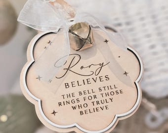 Personalised Wooden Polar Express “Believe” Christmas Decoration with Bell – Custom Christmas Ornament – Magical Keepsake Gift