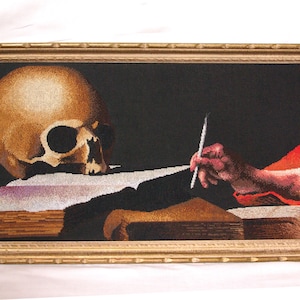 Cross point embroidery zoom Caravaggio Saint Jerome writing