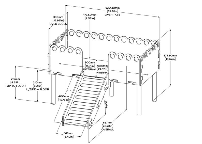 Puede incluir: Un diagrama detallado de una estructura de juego de madera con un tobog&aacute;n. La estructura mide 667 mm de largo en total, 630,20 mm de ancho sobre las pesta&ntilde;as y 372,50 mm de alto. El tobog&aacute;n mide 400 mm de largo.