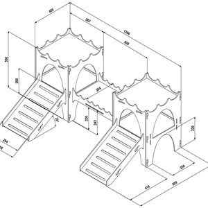 May include: A wooden play structure with two towers and two slides. The towers are 36 inches tall and 20 inches wide. The slides are 30 inches long and 25 inches wide. The structure is made of plywood and is designed for children to climb and slide on.