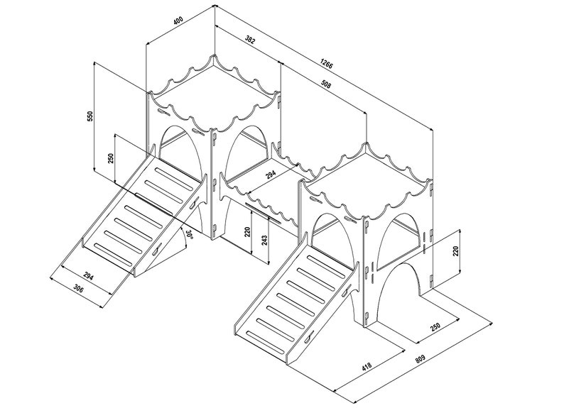 May include: A wooden play structure with two towers and two slides. The towers are 36 inches tall and 20 inches wide. The slides are 30 inches long and 25 inches wide. The structure is made of plywood and is designed for children to climb and slide on.