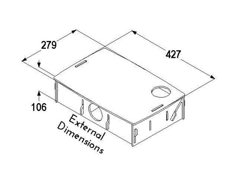 External dimensioned 3D isometric drawing of large slot together multi chamber house for hamsters, made from formaldehyde free non toxic poplar plywood. Has 6 internal chambers, which are configurable to suit the quantity and sizes required.