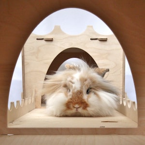 May include: A fluffy, white and brown rabbit with long fur sits in a wooden rabbit hutch with a cutout archway.