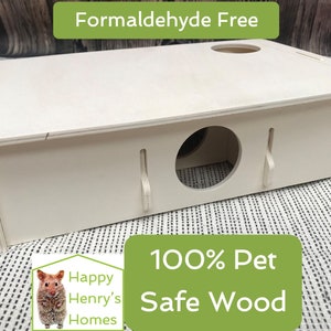 Large slot together multi chamber house for hamsters, made from formaldehyde free non toxic poplar plywood. Has 6 internal chambers, which are configurable to suit the quantity and sizes required. Main central entrance hole in front, with one in lid which can flipped to suit.