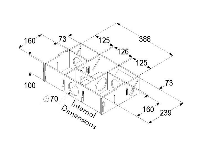 Internal dimensioned 3D isometric drawing of large slot together multi chamber house for hamsters, made from formaldehyde free non toxic poplar plywood. Has 6 internal chambers, which are configurable to suit the quantity and sizes required.