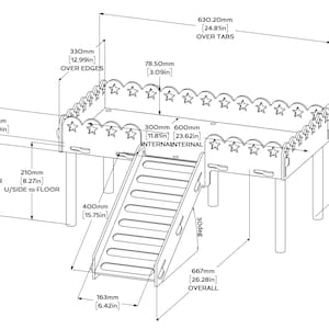 Puede incluir: Diagrama detallado de una estructura de juego de madera con tobog&aacute;n. La plataforma tiene recortes en forma de estrella. Las dimensiones se indican en mil&iacute;metros y pulgadas, con un ancho total de 630,20 mm (24,81 pulgadas).