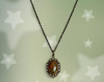 Antique Bronze Unakite Red Jasper Cabochon Stone Pendant Crystal Necklace