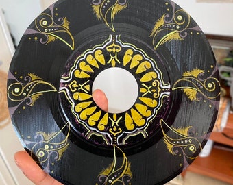 Vintage Grunge Bohemian Upcycled Painted Mandala Vinyl Record Painting Wall Decor - "Golden Goddess", 2023