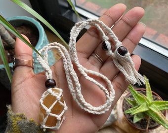 Authentic Tumbled Honey Calcite Natural White Macrame Cord Crystal Handmade Necklace