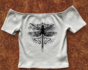 Dragonfly Graphic Baby Off the Shoulder White Reworked Print Top (Hand Screen Printed)